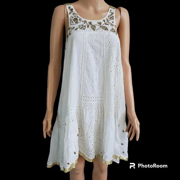 Anthropologie Leifnotes White Eyelet Gold Trim Beaded Sleeveless Dress Size 4 - Picture 14 of 16